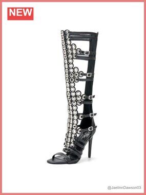 Faux Leather Knee High Stiletto Heel Open Toe Buckle Party Boots
